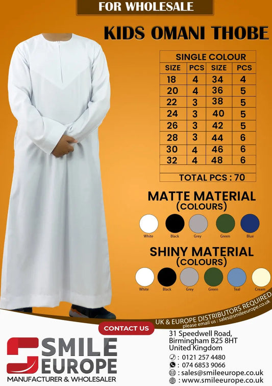 Kids Emirati Thobe Collarless Matte Zip - 70pcs Sets Smile Europe